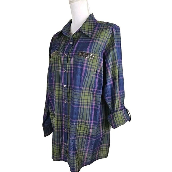 Dressbarn ~Woman Plus Size 1X~ Green/Pink Plaid Button-Up Long Sleeve Shirt Top. - Picture 6 of 9